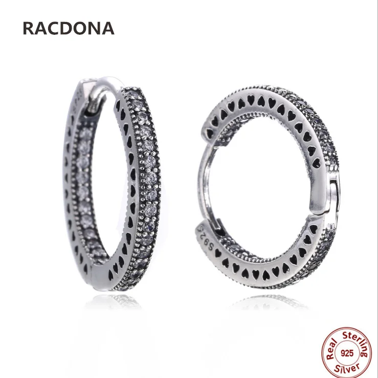 

Retro 100% 925 Sterling Silver Heart 2 Circle Shine clear CZ Hoop Earrings For Women compatible with panqiou jewelery Earring