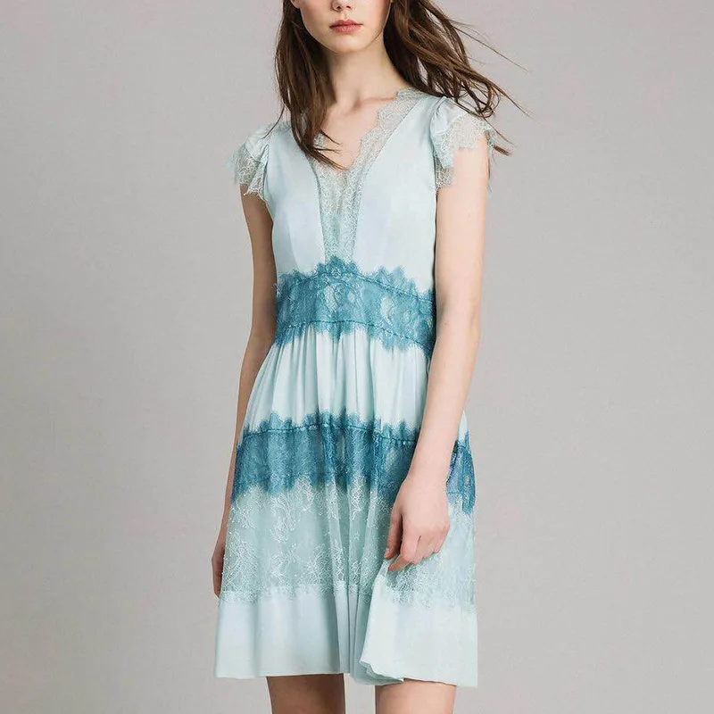 

Women Dress 2019 Summer New V-neck Summer Lace Panel Short Sleeve Dress