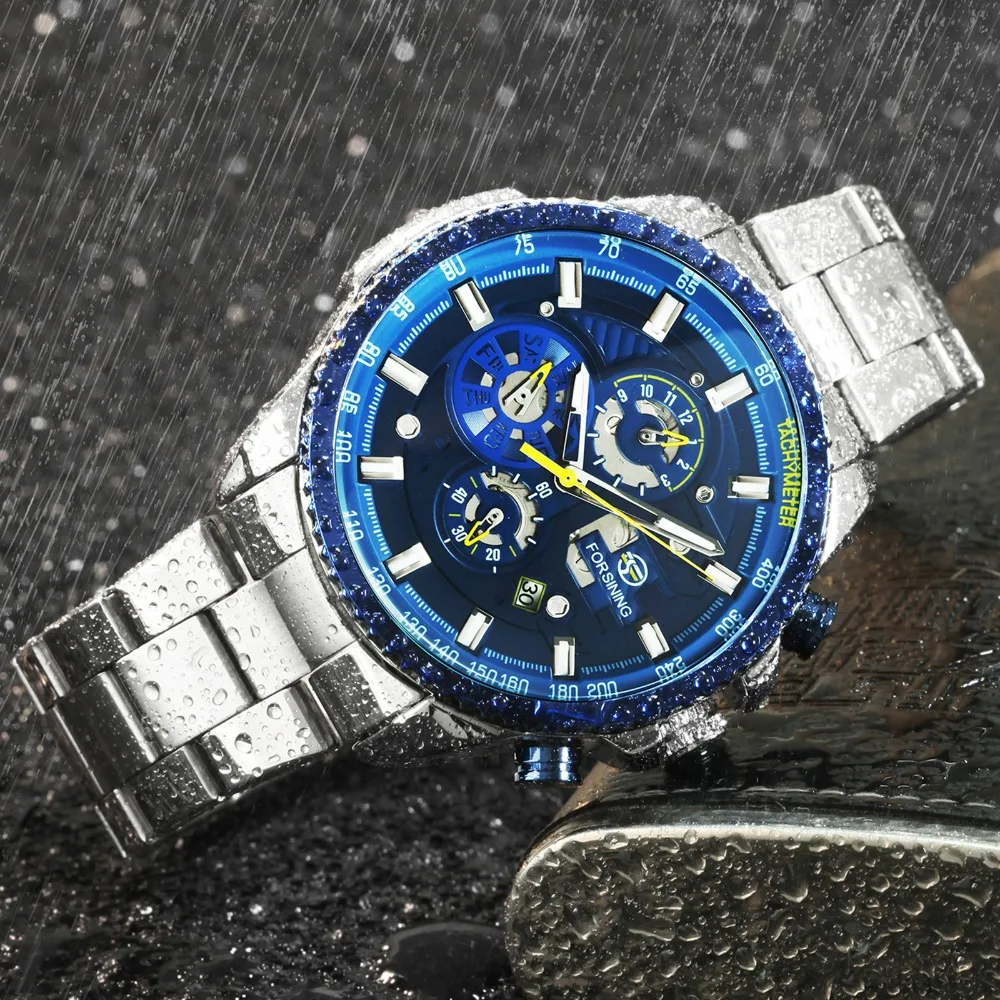 FORSINING модные синие мужские часы автоматические механические из нержавеющей стали ремешок рабочие суб-циферблаты отображение даты повседневные наручные часы