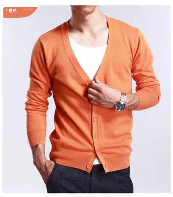 Однотонный кашемировый вязаный кардиган, мужской тонкий свитер с длинными рукавами большого размера, Короткий Повседневный свитер, пальто с v-образным вырезом, мужская одежда - Цвет: Оранжевый