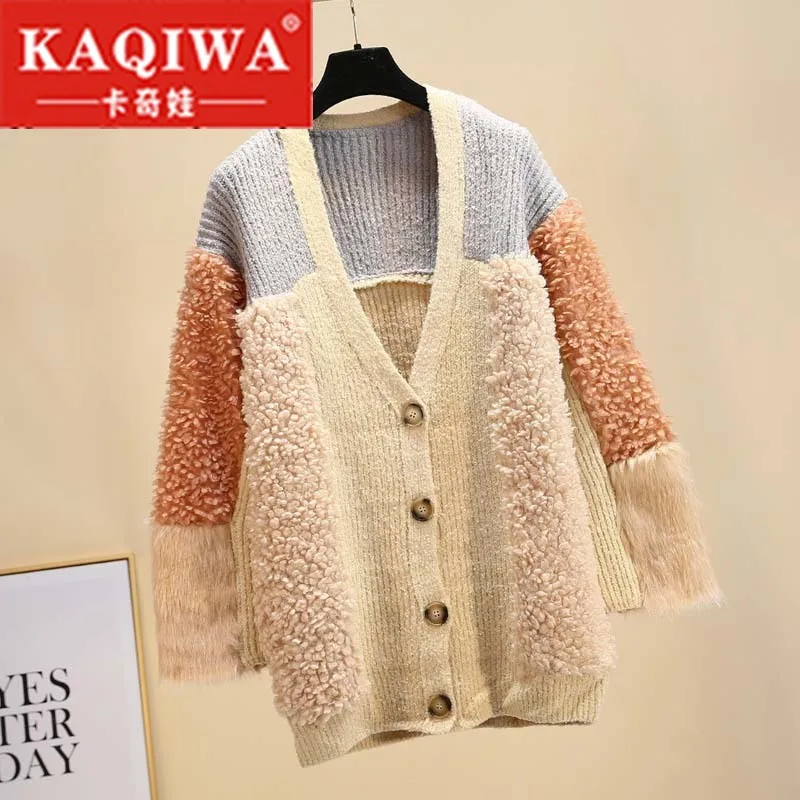 Best Price 2019 autumn and winter new style V collar lazy wind sweater imitation sheep wool curled sleeve knitted cardigan thickened jacket