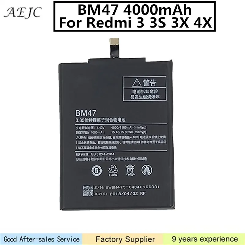 

For Xiaomi Redmi 3 3S 3X Battery 4000mAh BM47 Lithium Polymer Bateria Replacement For Redmi 4X Batteries