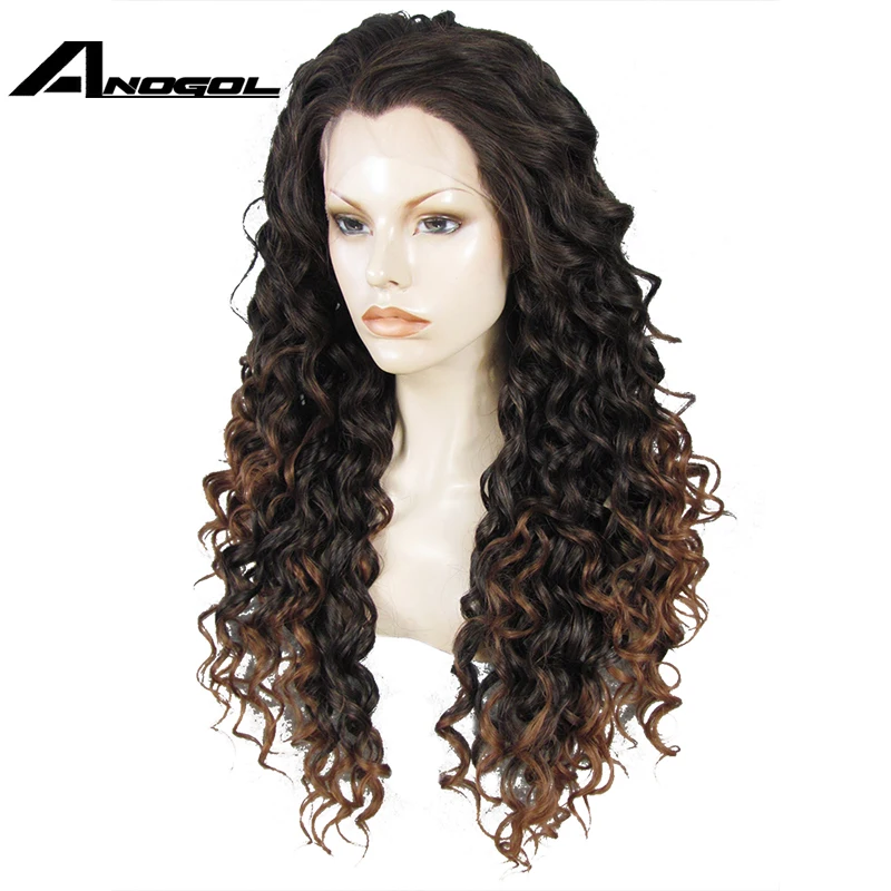 Аногол термостойкий парик с кружевом спереди коричневый Омбре, с темными корнями бесклеевые Синтетические длинные кудрявые парики из натуральных волос для женщин