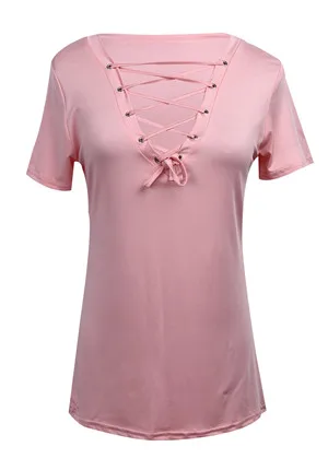 Модный повседневный Женский пуловер, футболка, новинка, женский короткий рукав, хлопок, сексуальный однотонный топ, рубашка, 6 цветов, доступны оптом - Цвет: Розовый