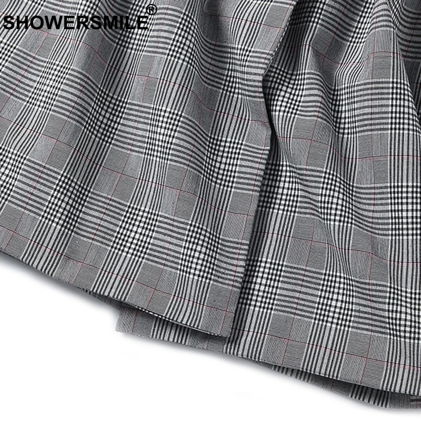SHOWERSMILE Spring Grey Women Checkered Vest Slim Fit Belt Sleeveless Long Office Jackets With Pockets Elegant Waistcoat Plaid