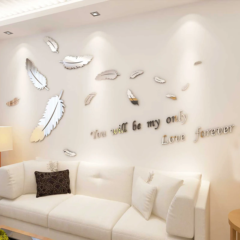Removable 3D DIY Feather Mirror Wall Stickers Decal Art Vinyl Home Room Decor GW