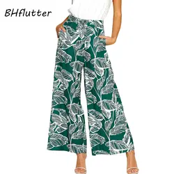 BHflutter брюки женские 2019 Новый Стиль Листья принт эластичный пояс шифоновые летние брюки женские повседневные широкие брюки pantalon femme