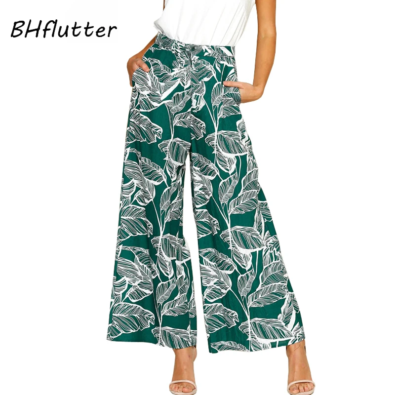 

BHflutter Pants Women 2019 New Style Leaves Print Elastic Waist Chiffon Summer Pants Female Casual Wide Leg Pants pantalon femme
