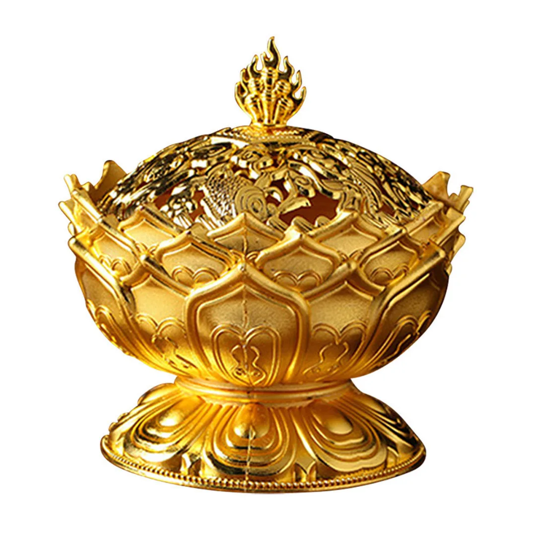 JX-LCLYL Alloy Chinese Lotus Hollow Cover Incense Burner Aromatherapy Censer Cone Holder