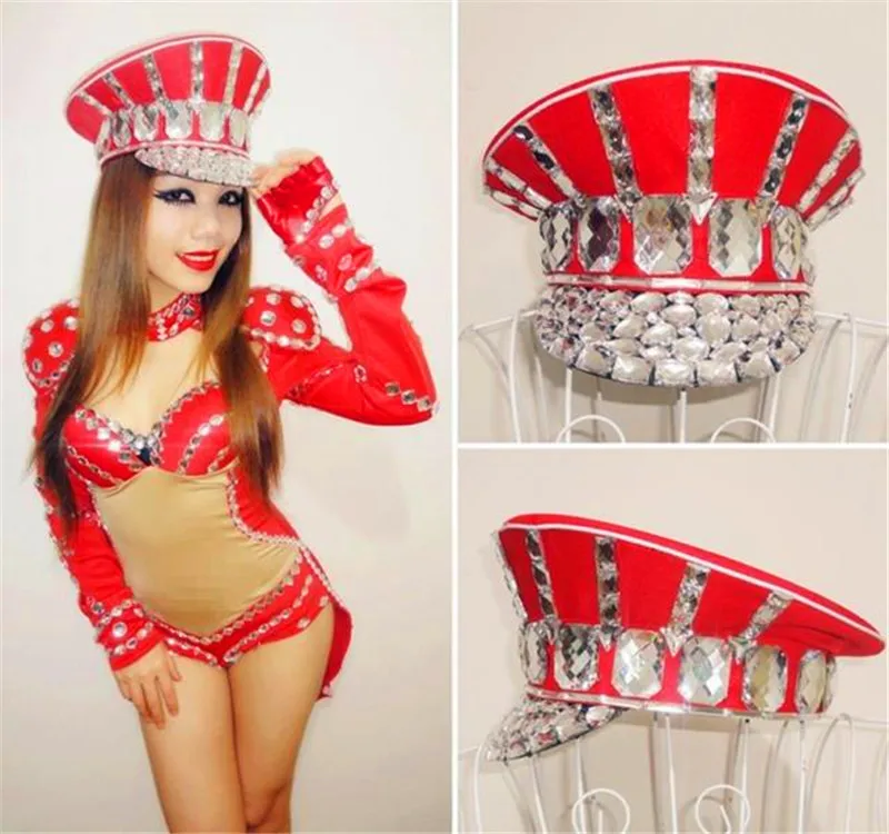 Ds costume bling baby hats sparkling diamond police cap rhinestone red military hat