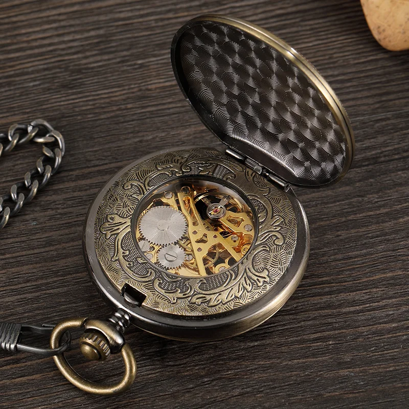 Koop Retro Brons Hollow Setampunk Mechanische Pocket Watches Vintage dubbelzijdig Skeleton Romeinse Wijzerplaat Heren Zakhorloge FOB Ketting Nieuwe