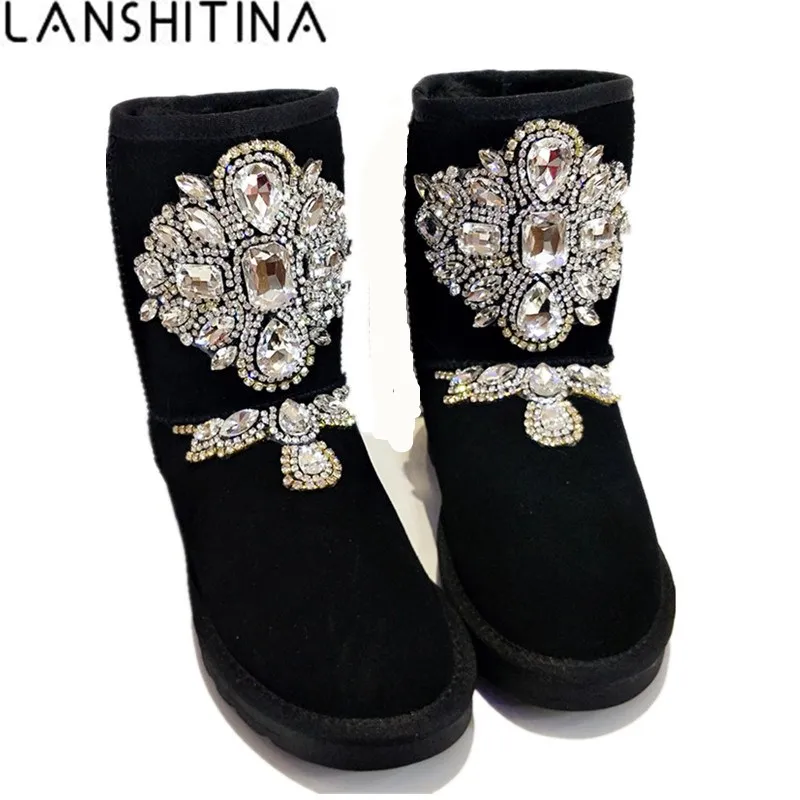 Kopen 2018 Vrouwen Winter Strass Warme Laarzen Lederen Snowboots Kristal Lederen Schoenen Feminina Australi euml; Suede Ankle Botas