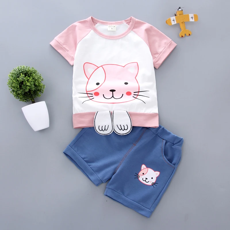 

kid Girls clothes Baby Clothes Casual Cartoon Cat Pattern Short Sleeve Tops T-shirt+Shorts Suits Costume Set 2019 Summer