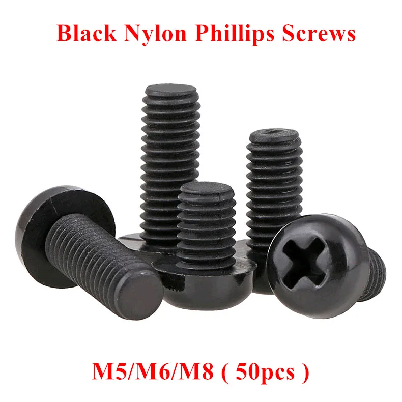 

50pcs M5 M6 M8 Black Nylon Round Pan head Screw Phillips head Machine Screws Bolts
