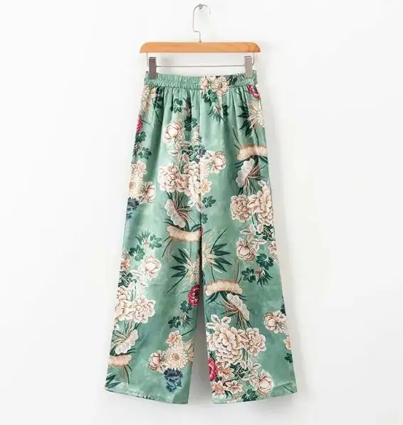 Этнические зеленые с цветочным принтом широкие брюки женские винтажные с цветочным принтом брюки длиной до щиколотки Femme Повседневные свободные длинные брюки