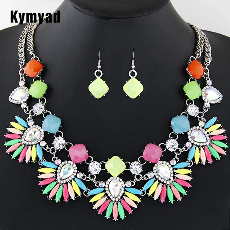

KymyadBoutique Jewelry Sets For Women Vintage Indian Turkish Jewelry Set Crystal Flower Statement Necklace Earrings Set Jewelry