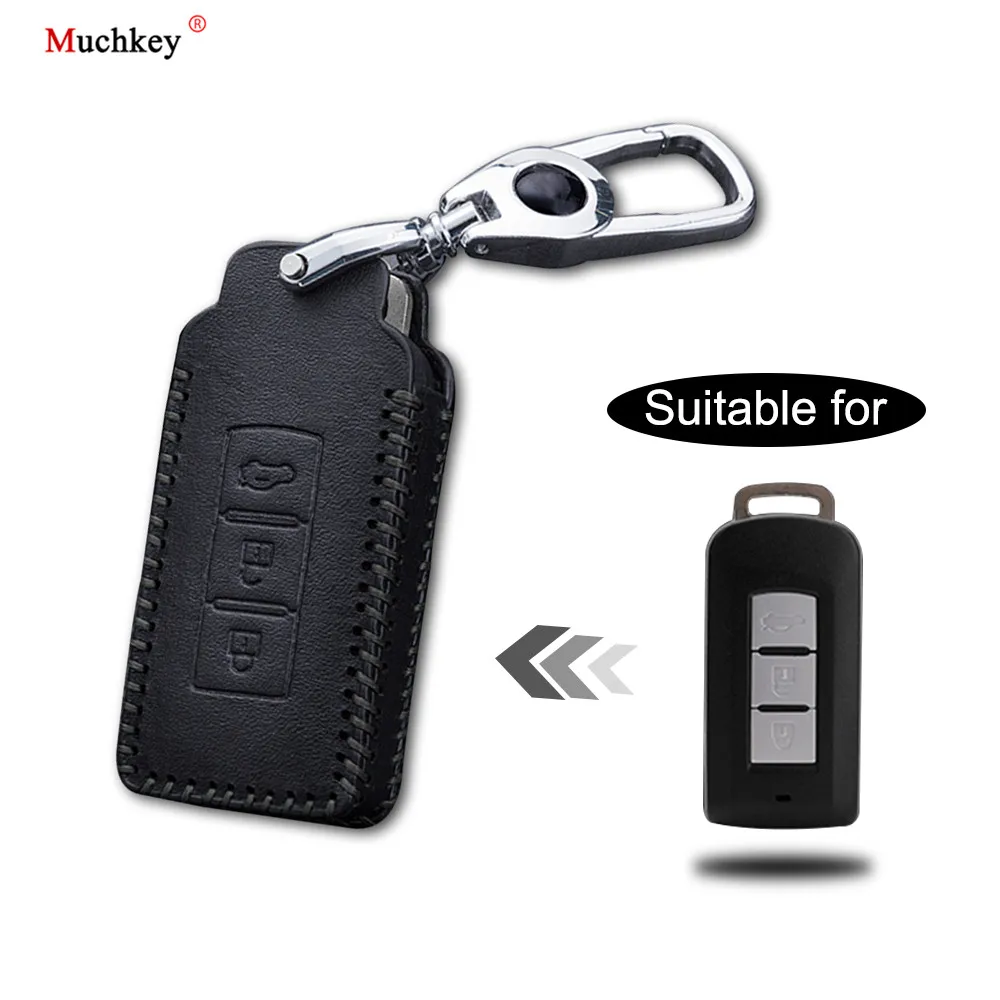 

Leather Remote Case Car Key Bag Cover for Mitsubishi 3 Buttons Smart Key Luxury Genuine Hand Sew Black Line 1PC
