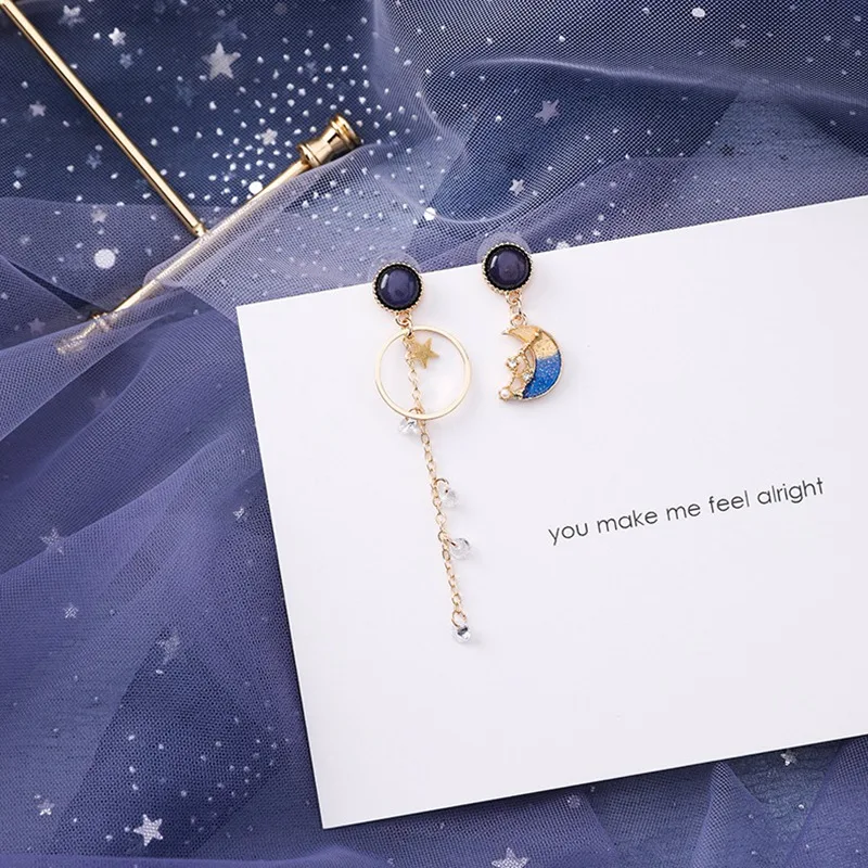 MENGJIQIAO корейские новые стразы кристаллы Луна и звезда Асимметричные Висячие серьги для женщин девушек мода Букле д 'ореиль подарки