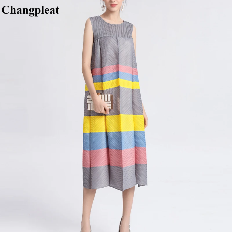 

Changpleat Summer 2019 New Women Stripe Dresses Miyak Pleated sleeveless O-neck Big elastic Loose Large Size Female Dress Tide