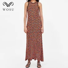 

WOSU Women Fashion Casual Empire Ankle-Length Striped Sleeveless Dresses Summer O-Neck Long Dresses BB182