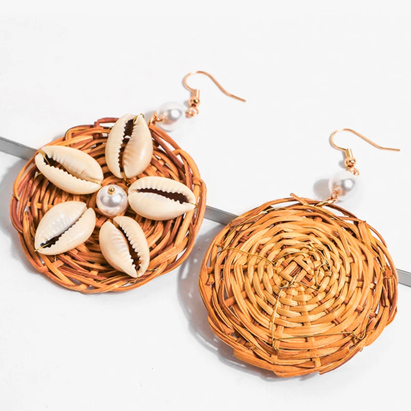 Rattan Earrings New Korea Round Drop Earrings for Women Natural Geometric Wooden Bamboo Straw Weave Rattan Knit 21