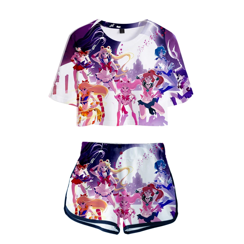 

3D Sailor Moon t shirt Sets Anime Women Two Piece Set Short Pants Summer Tops Kawaii Sailor Moon Print Girl's Dew navel t shirt