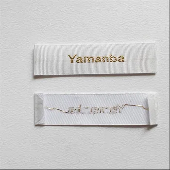 

Factory Price Custom Woodclover satin weave label vertical stripe gold thread font