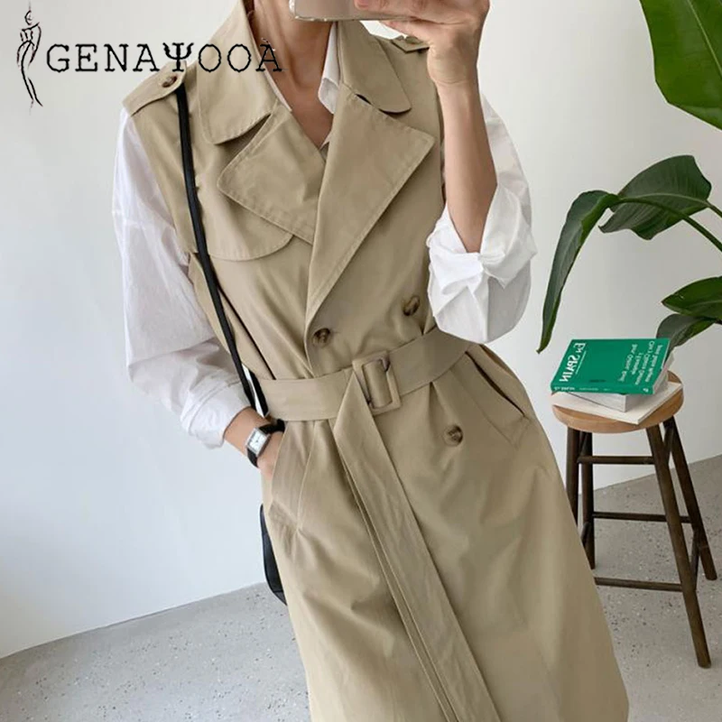 

Genayooa Elegent Thin Womens Trench Coats Long High Quality Vest Women Pocket Trench Coat Office Ladies Sleeveless Trench Vest