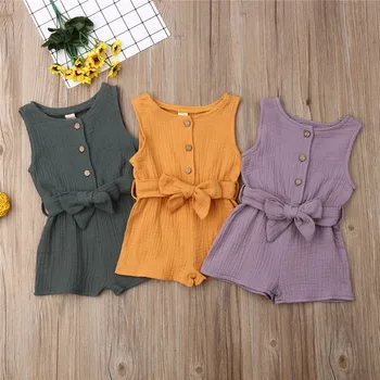 

Infant Baby Girls Clothes Contton Linen Button Romper Solid Color Jumpsuit Summer Outfits with Belt
