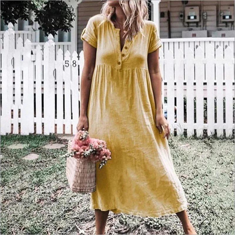 

Summer Women Fashion Sleeveless Long Shirt Dress Casual Cotton Line V-neck Sundress Elegant Button S-5XL Beach Dresses