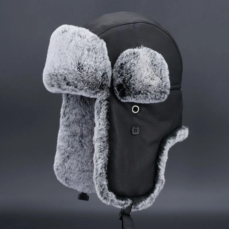 

Winter PU Thick Bomber Hats For Man Women Faux Fur Hat With Ear Cap Ear Flaps Black Caps Russian Unisex Outdoor Windproof Warm