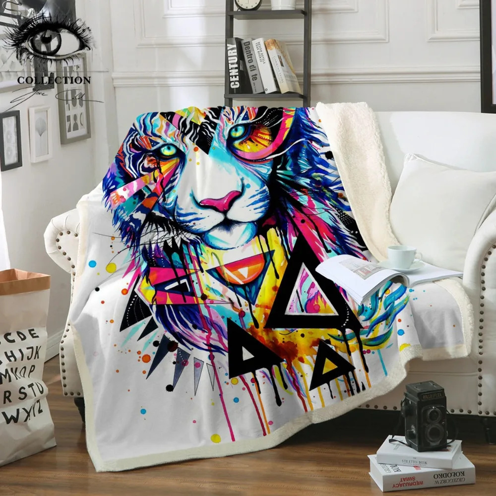 

Shattered Tiger by Pixie Cold Art Microfiber Bed Blanket Animal Throw Blanket Geometric Watercolor Bedspreads Colorful manta
