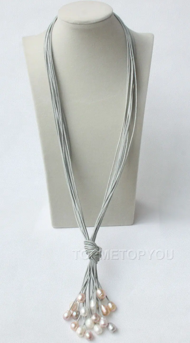 

Amazing! 10strands 28" rice white pink gray pearls leather necklace