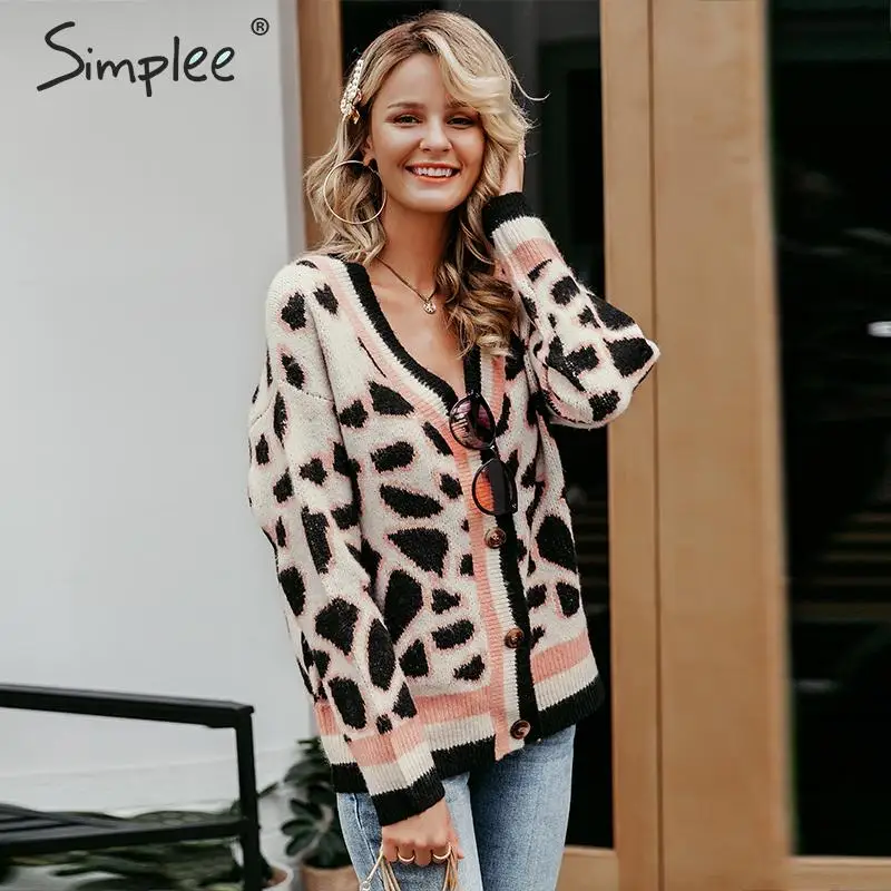 Simplee винтажный Леопардовый принт Женский вязаный кардиган свитер v-образный вырез пуговицы короткий кардиган джемпер повседневная женская верхняя одежда женская