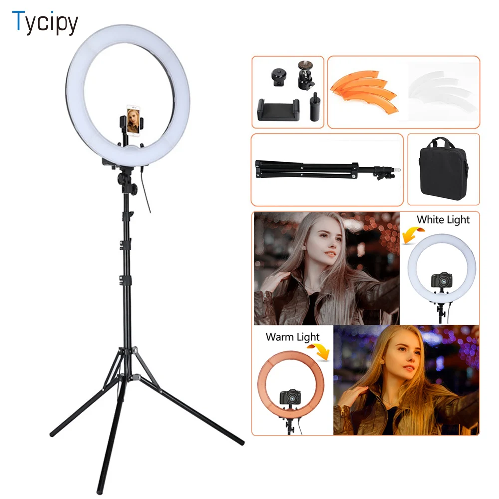 

Tycipy 18" LED Ring 55W 5500K Dimmable Camera Light For Camera Photo/Studio/Phone/Video Light Lamp with Plastic Tripod Stand