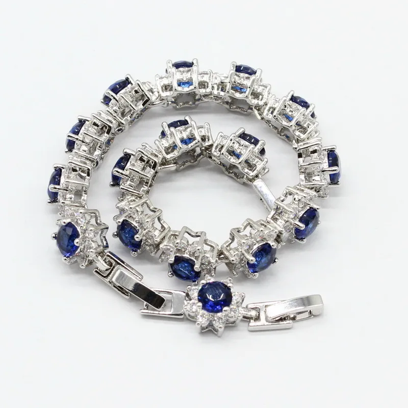 В форме цветка, синий кристалл, белый цирконий, 925 серебро, Свадебные Ювелирные наборы для женщин, ожерелье, подвеска, серьги, кольца, браслеты