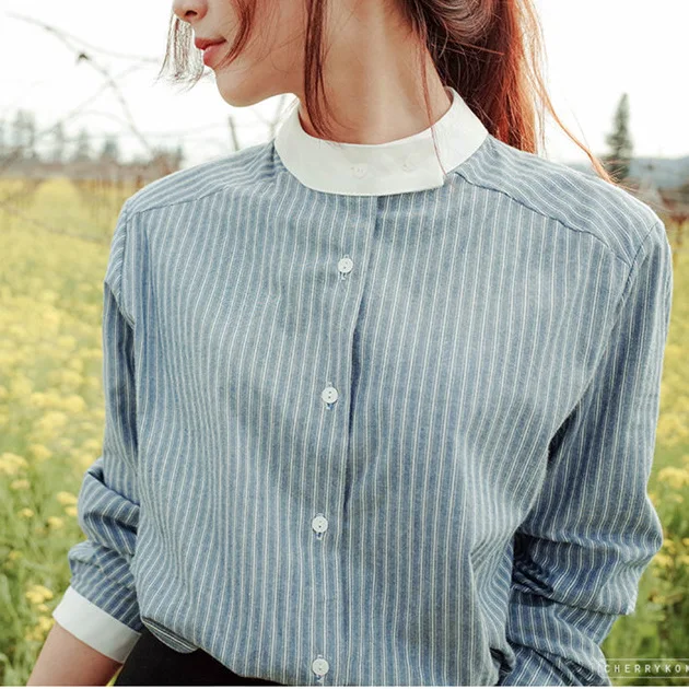 

Mr.nut2019 spring and autumn Korean version of the new retro small stand collar thin shirt pastoral long-sleeved striped blouse