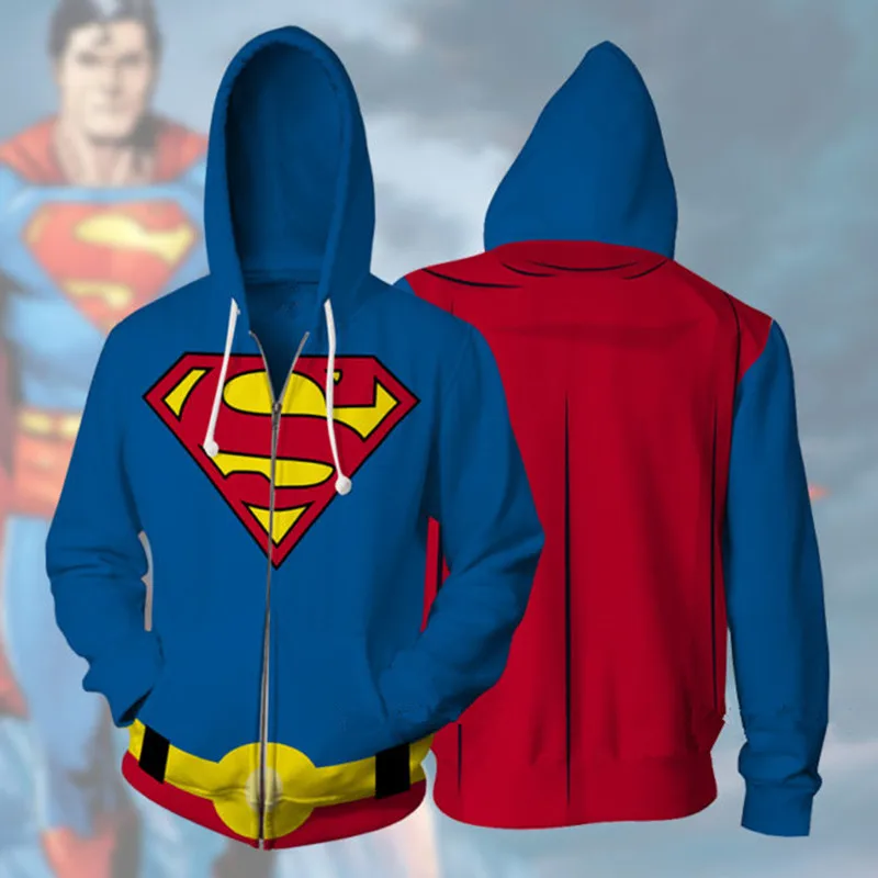 

2019 Superhero Sweatshirts Cosplay Superman Costumes Autumn men women Superman 3D Printing fashion zipper Hooded sweater Jackets
