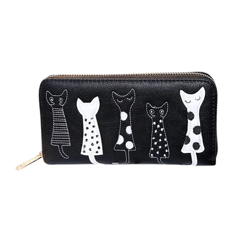 Женский кошелек милый кошелек с кошкой двойной длинный кошелек на молнии портмоне длинный кошелек - Цвет: Black