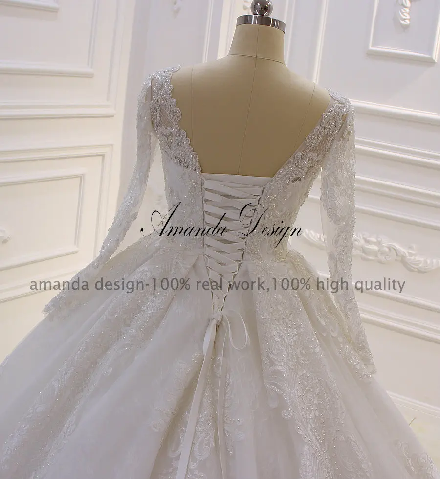 Аманда дизайн nikah elbisesi Длинные рукава Кружева Аппликация Кристалл свадебное платье