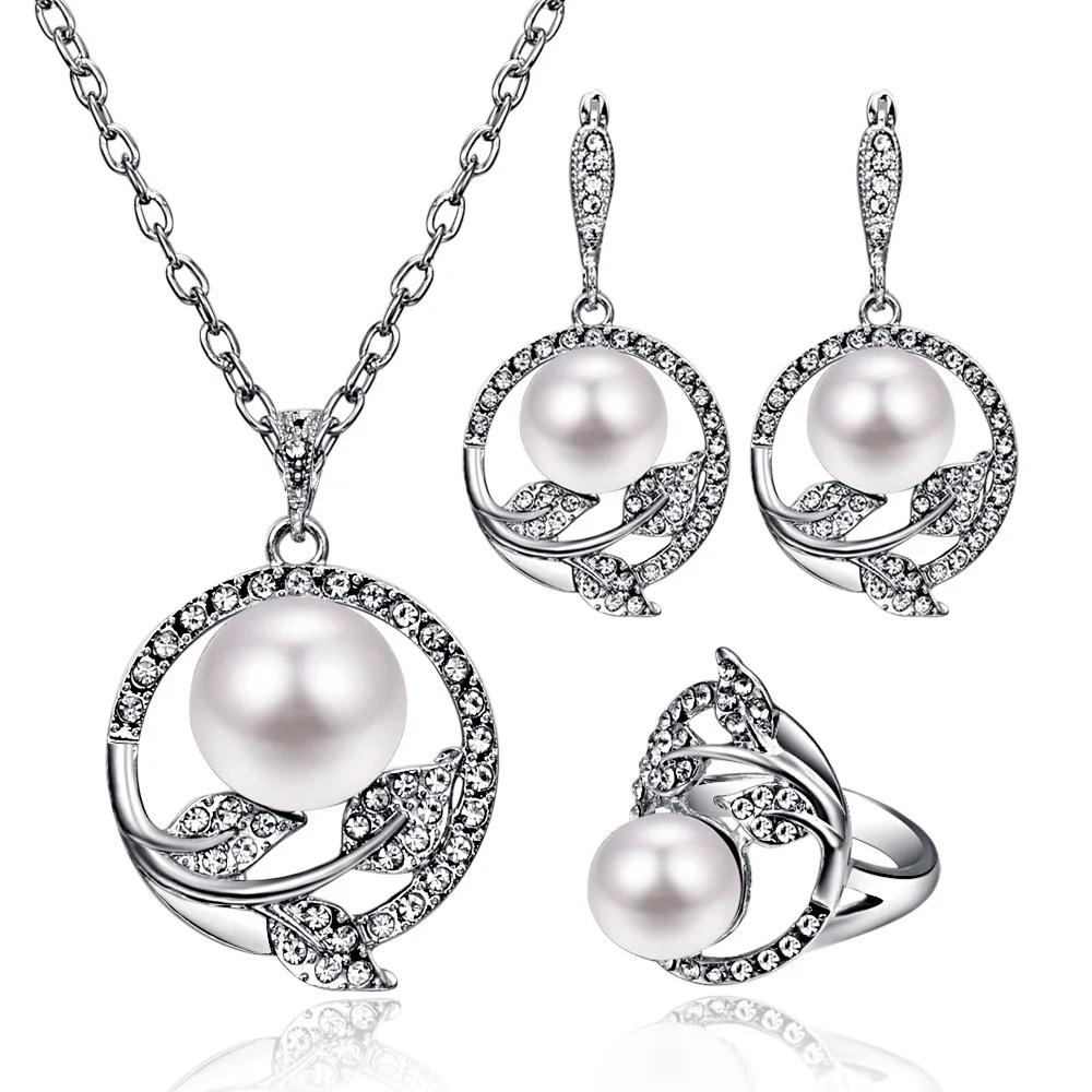 

CASHOU31 Leaf-shaped flower necklace silver pearl necklace earrings ring three-piece suit