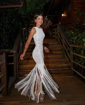 

Evening Party Fahsion Bandage dress Empire Backless O-neck Tassel See-Through Sexy Women Celebrity Body Con Dresses Wholesale