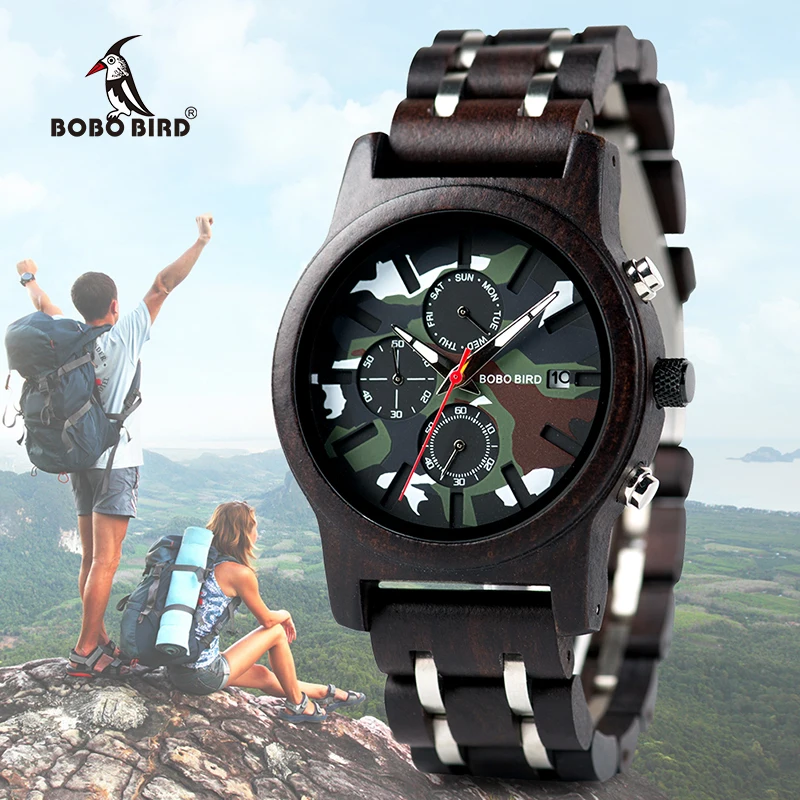 BOBO BIRD Male Wooden Watch Men Wood Quartz Jungle Camo Camouflage Saat erkek Wristwatches Man Japanese movement Show Date Week