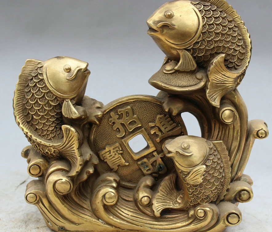 

S5054 9" Folk Chinese Brass Lucky Wealth Coin Auspicious 2 Jump Fish Statue Sculpture D0317