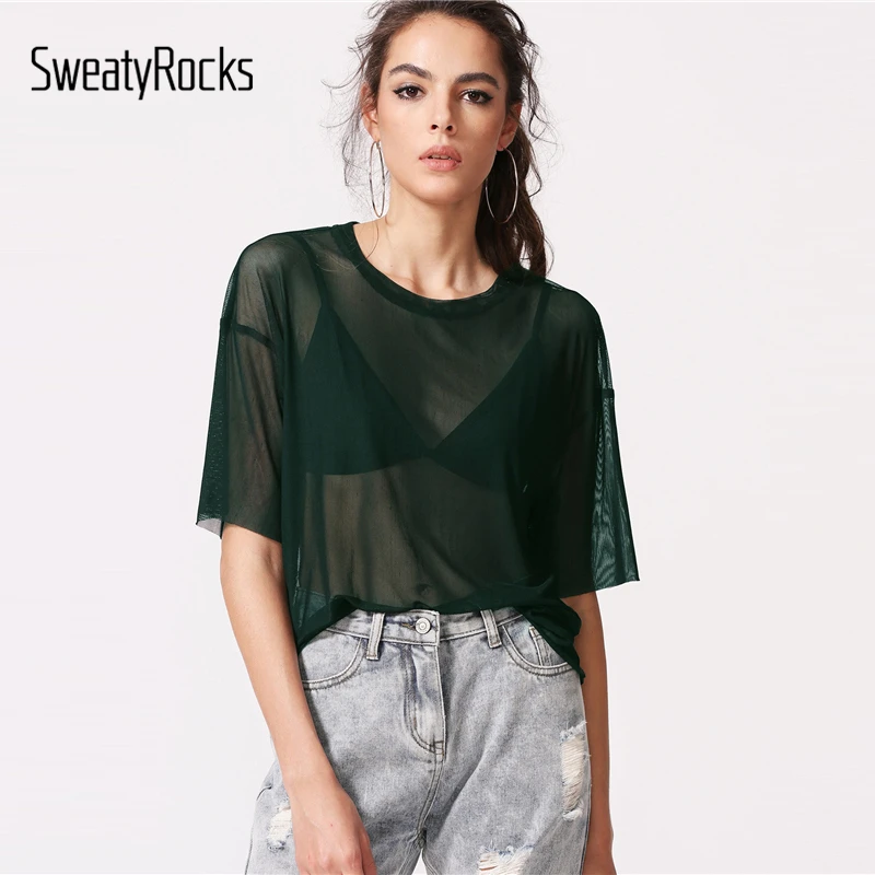 

SweatyRocks Drop Shoulder Sheer Mesh Top Summer Green Round Neck Sexy Tops 2018 Plain Half Sleeve Regular Fit Blouse