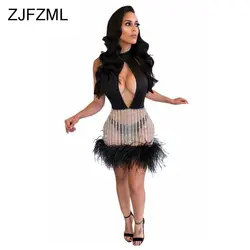 ZJFZML See Through блестящие блестками сексуальное платье для женщин Глубокий V средства ухода за кожей Шеи Холтер бинты Платья для Femme клуб