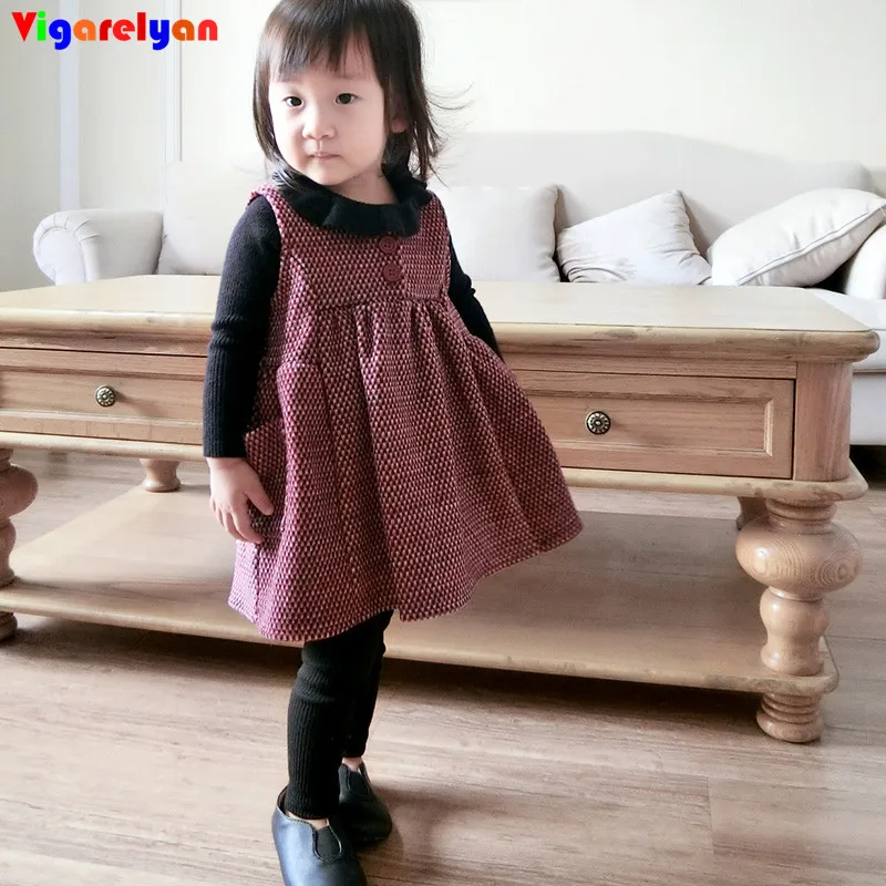 

Small plaid woolen vest dress for baby girls winter chilren clothings thickening baby girls braces dress toddler girls outerwear
