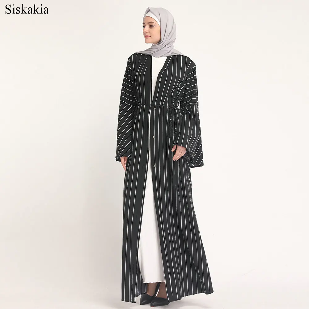 Siskakia Muslim Elegant Stripe Patchwork Single breasted Cardigan Robe Abaya Women Eid High Waist Flare Sleeve Slim Sashes Abaya (2)