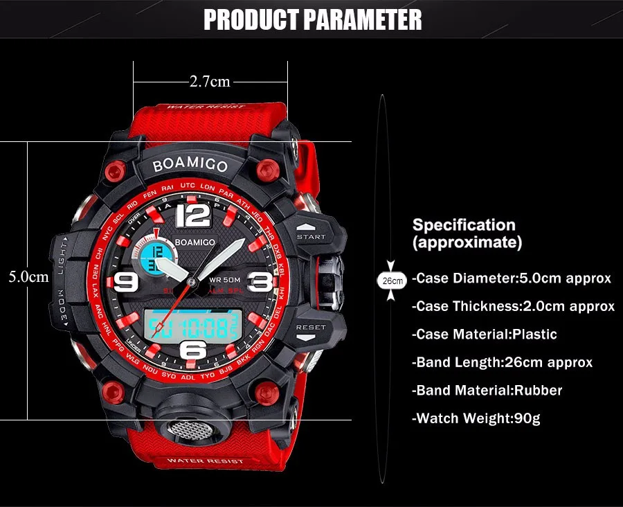 BOAMIGO Luxury Men's Watch LED  Analog Digital Plastic Military Watches Sport Quartz Wristwatches Dual Display Red Rubber Strap (12)