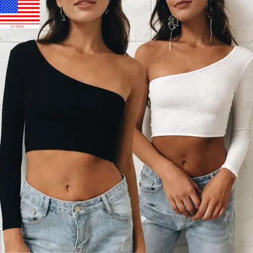 

Hot one shoulder slope long sleeve crop top 2018 women sexy fashion single sleeve T-shirt female black withe solid tops